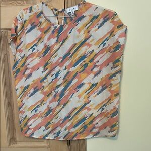 Gilli Graphic Blouse in Orange and Blue with Mandarin Collar